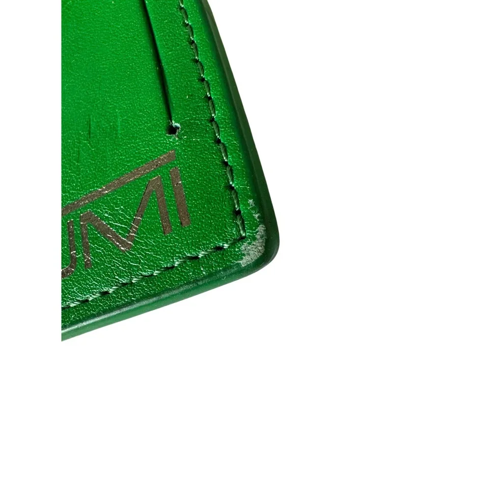 TUMI Green Textured Leather Luggage Tag Buckle Strap ID Window Travel KC